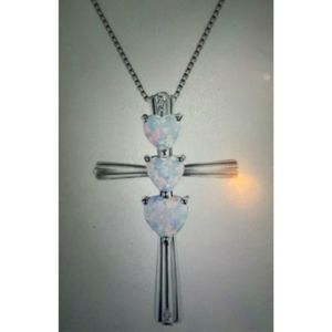 Unique WHITE OPAL HEARTS ON STERLING SILVER CROSS NECKLACE